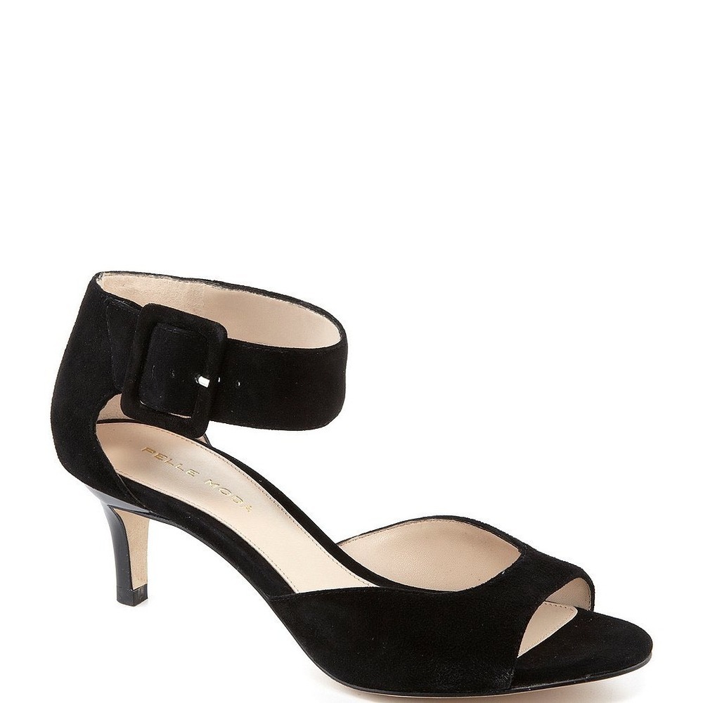 Pelle Moda Black Suede Ankle Strap Kitten Heel Sandals Open Toe Buckle Womens 7M